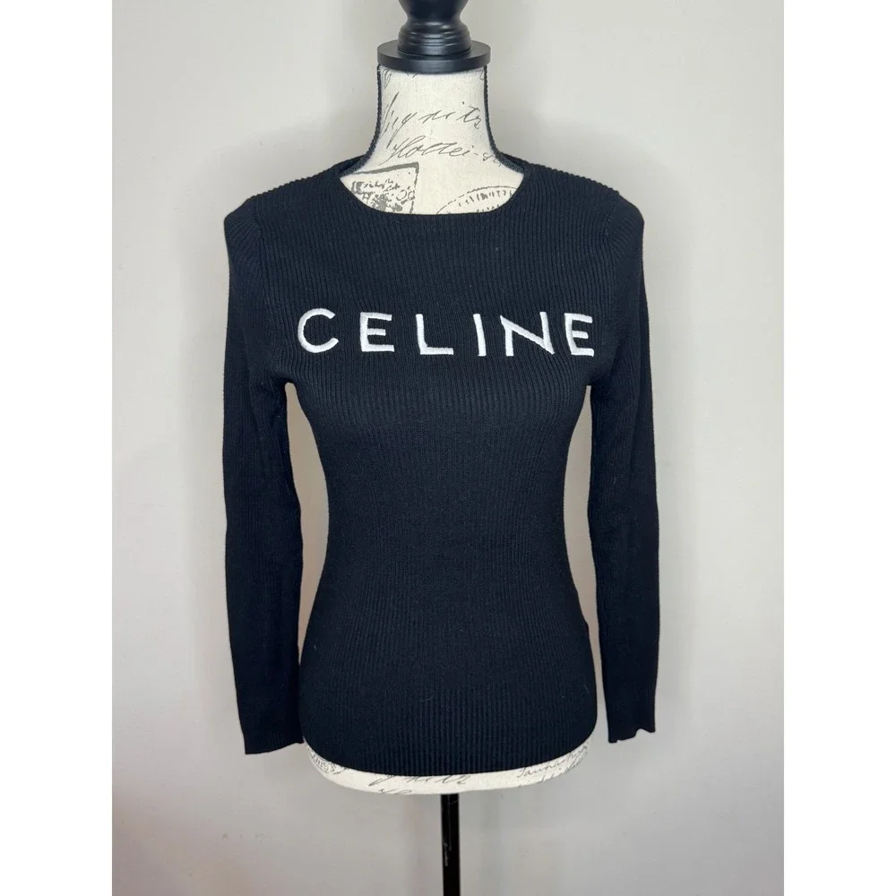 Celine Ribbed Long Sleeve Top Sweater Sz S Black Embroidered Logo Cotton Wool